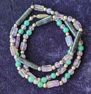 Vintage Necklace With Natural Jade, Amethyst And Tourmaline Gemstones